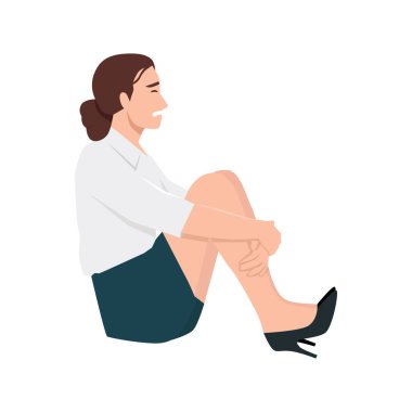 Kadın yerde oturuyor, gözle görülür şekilde rahatsız ve bacağını tutuyor, bu da sıkıntıyı gösteriyor. Düz vektör çizimi beyaz arkaplanda izole edildi
