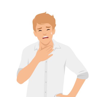 Boğazını rahatsızlık içinde tutan bir adam boğaz iltihabı ya da boğaz enfeksiyonuna işaret ediyor. Düz vektör çizimi beyaz arkaplanda izole edildi