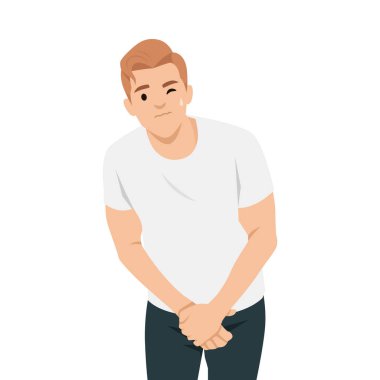 Adam görünüşte rahatsız görünüyor ve kasık bölgesini tutuyor, acilen işemesi gerekiyor. Düz vektör çizimi beyaz arkaplanda izole edildi