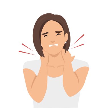 Kadın boynunu ve omuzlarını acılı bir ifadeyle sıkıyor, o bölgede rahatsızlığı var. Düz vektör çizimi beyaz arkaplanda izole edildi