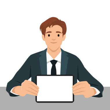 Takım elbiseli bir adam masada oturuyor, elinde boş beyaz bir ekranla tablet tutuyor. Düz vektör çizimi beyaz arkaplanda izole edildi