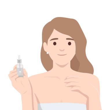 Nazikçe gülümseyen bir kadın elinde bir şişe deri serumu tutuyor. Düz vektör çizimi beyaz arkaplanda izole edildi