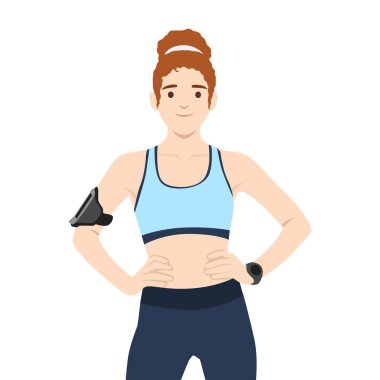 Aktif giyimli, akıllı ve kol bandı takan formalı bir kadın kendine güvenen bir poz veriyor. Düz vektör çizimi beyaz arkaplanda izole edildi