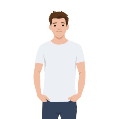 Kısa kahverengi saçlı, beyaz tişörtlü, elleri ceplerinde genç bir adam. Düz vektör çizimi beyaz arkaplanda izole edildi