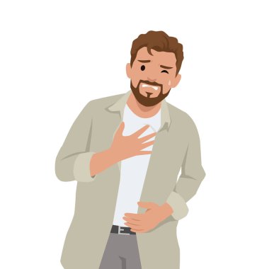 İnsan, fiziksel acıyı sembolize eden gergin bir ifadeyle göğsünü ve karnını sıkıca tutar. Düz vektör çizimi beyaz arkaplanda izole edildi