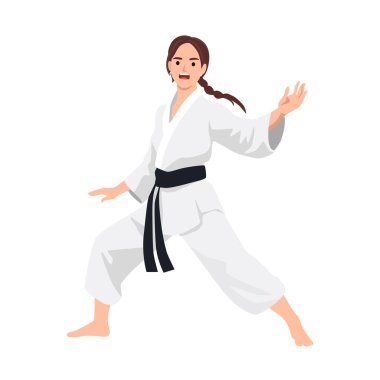 Beyaz karate üniformalı ve siyah kuşaklı bir kadın güçlü bir dövüş sanatları duruşunu gösteriyor. Düz vektör çizimi beyaz arkaplanda izole edildi