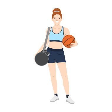 Kendine güvenen bayan basketbolcu pratiğe hazır. Düz vektör çizimi beyaz arkaplanda izole edildi