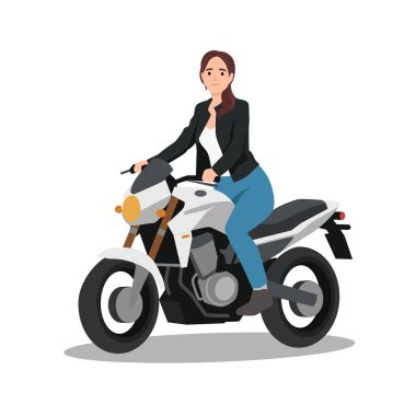 Motosiklet süren şık bir kadın. Düz vektör çizimi beyaz arkaplanda izole edildi