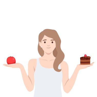 Kadın bir elinde elma, diğer elinde çikolatalı pasta tutuyor. Düz vektör çizimi beyaz arkaplanda izole edildi