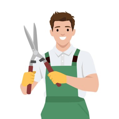 Bahçıvan çit makası budamaya hazır. Düz vektör çizimi beyaz arkaplanda izole edildi