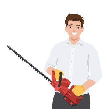 Elektirikli çit budayıcı adam. Düz vektör çizimi beyaz arkaplanda izole edildi