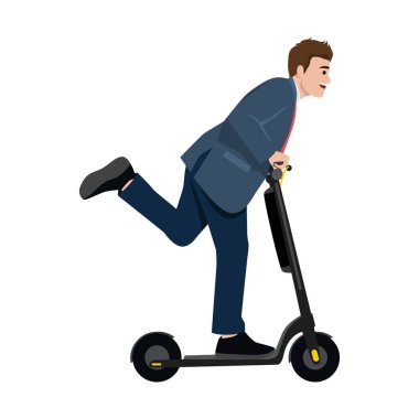 Takım elbiseli bir işadamı elektrikli scooter kullanıyor, modern, çevre dostu bir yol. Düz vektör çizimi beyaz arkaplanda izole edildi