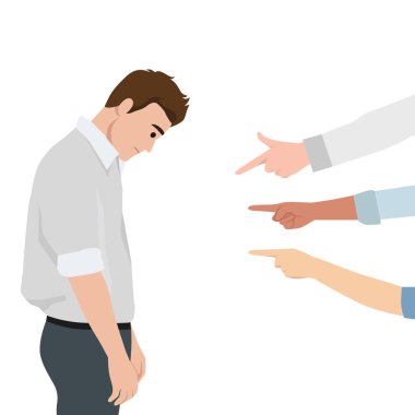 Birden fazla el onu işaret ederken üzgün bir adam suçla, utandır ya da halka açık bir yerde suçla. Düz vektör çizimi beyaz arkaplanda izole edildi