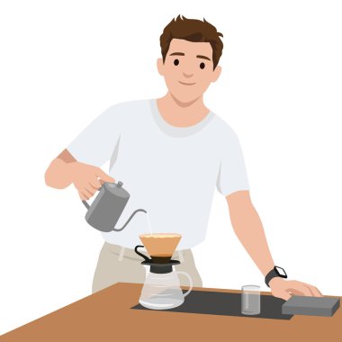 Beyaz tişörtlü bir adam, kazayağı çaydanlık ve cam sürahi kullanarak kahvenin üzerine döküm hazırlıyor. Düz vektör çizimi beyaz arkaplanda izole edildi