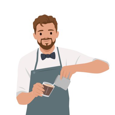 Önlüklü barista kahve fincanına süt dökerek lezzetli bir latte yapıyor. Düz vektör çizimi beyaz arkaplanda izole edildi