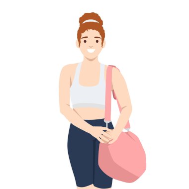 Atletik kadın gülümsüyor ve aktif giysi giyiyor. Elinde pembe bir spor çantası, spor salonu seansı. Düz vektör çizimi beyaz arkaplanda izole edildi
