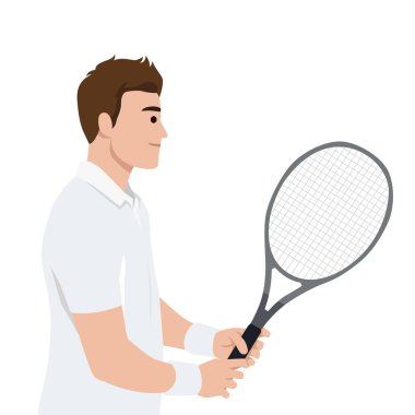Beyazlar içinde tenis oyuncusu bir maça hazırlanıyor, raketini konsantrasyonla kavrıyor. Düz vektör çizimi beyaz arkaplanda izole edildi