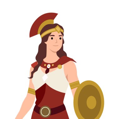 Kırmızı ve altın zırhlı Spartalı bir kadın elinde bir kalkan ve geleneksel ibikli bir kask tutuyordu. Düz vektör çizimi beyaz arkaplanda izole edildi