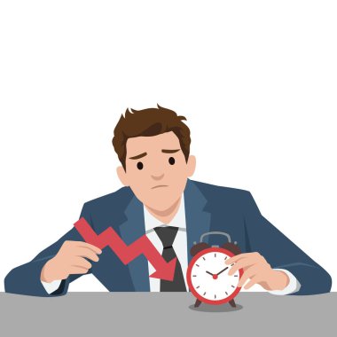 Takım elbiseli endişeli işadamı aşağıya doğru ok tutarken saate bakıyor. Düz vektör çizimi beyaz arkaplanda izole edildi