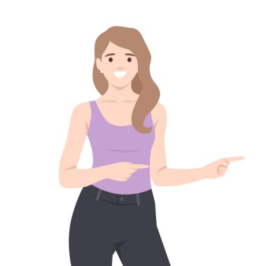 Gülümseyen Kadın Tarafı Gösteriyor. Düz vektör çizimi beyaz arkaplanda izole edildi