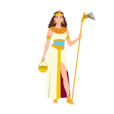Geleneksel Mısır kıyafeti giymiş bir kadın altın bir değnek ve sepet tutuyor. Düz vektör çizimi beyaz arkaplanda izole edildi