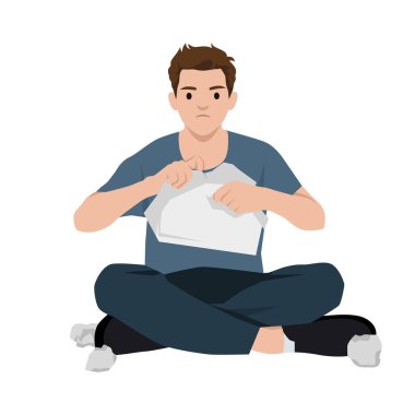 Hüsrana uğramış adam kâğıt yaprağını yırtıyor. Düz vektör çizimi beyaz arkaplanda izole edildi