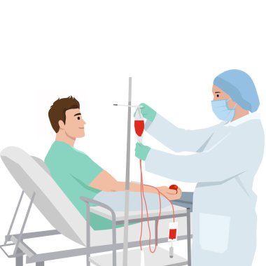 Kan bağışı prosedürü devam ediyor. Düz vektör çizimi beyaz arkaplanda izole edildi