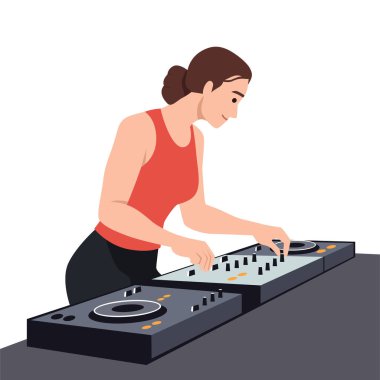 Konsolda kadın DJ Mixing Music. Düz vektör çizimi beyaz arkaplanda izole edildi