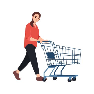 Boş bir alışveriş arabasını iten bir kadın, muhtemelen market alışverişinde. Düz vektör çizimi beyaz arkaplanda izole edildi