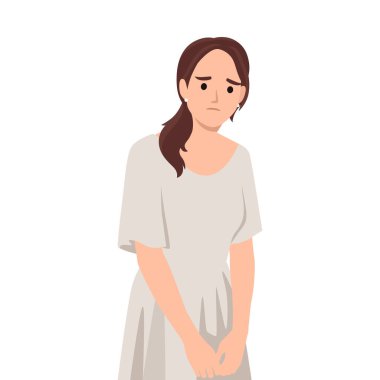 Solgun Elbiseli Üzgün Kadın. Düz vektör çizimi beyaz arkaplanda izole edildi