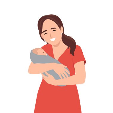 Gülümseyen anne kucağında bebek. Düz vektör çizimi beyaz arkaplanda izole edildi