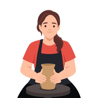 Çömlek Tekerleğinde Kil Tenceresi Yapan Kadın. Düz vektör çizimi beyaz arkaplanda izole edildi