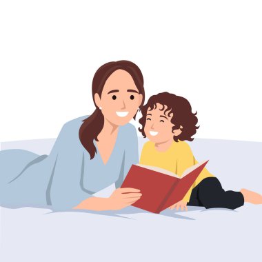 Anne, kızına bir kitap okuyor. Düz vektör çizimi beyaz arkaplanda izole edildi