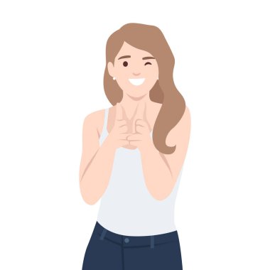 Sıradan kıyafetli iğrenç kadın göz kırparken izleyiciye şakacı bir şekilde işaret ediyor. Düz vektör çizimi beyaz arkaplanda izole edildi