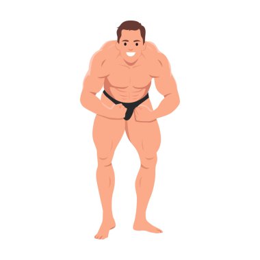 Kaslı bir adam fiziğini klasik bir vücut geliştirme duruşu içinde gururla sergiler. Düz vektör çizimi beyaz arkaplanda izole edildi