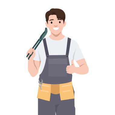 Dost canlısı tamirci çalışmaya hazır. Düz vektör çizimi beyaz arkaplanda izole edildi