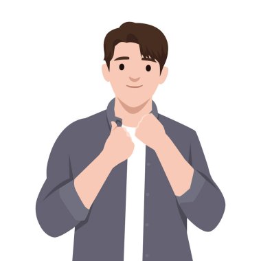 Genç adam gömleğinin yakasını sakin bir gülümsemeyle düzeltiyor, rahat bir gülümsemeyle. Düz vektör çizimi beyaz arkaplanda izole edildi