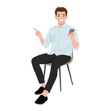 Gülümseyen Adam telefonuyla otururken diğerini işaret ediyor. Düz vektör çizimi beyaz arkaplanda izole edildi