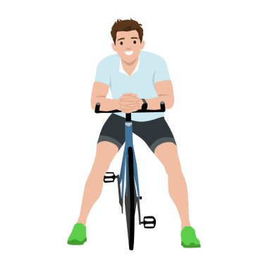 Sporda formda ve neşeli bir adam bisiklet gidonuna yaslanır, enerji ve coşku. Düz vektör çizimi beyaz arkaplanda izole edildi