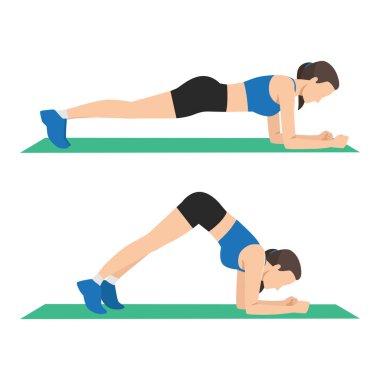 Ön Plank 'tan Pike' a, Çekirdek ve Omuz İstikrar Egzersizi. Düz vektör çizimi beyaz arkaplanda izole edildi