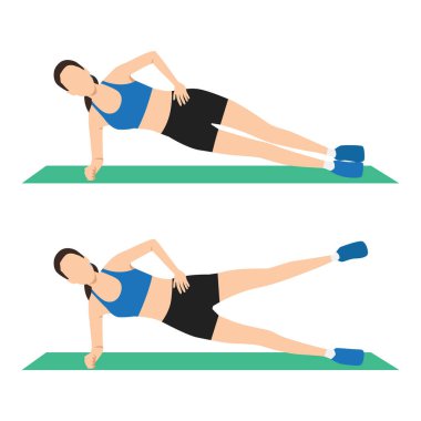 Yan Plank Bacağı Yükseltme Egzersizi. Düz vektör çizimi beyaz arkaplanda izole edildi