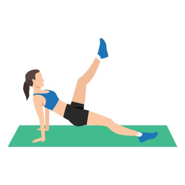 Kadın paspasın üzerinde pilates yaparken esinlenilmiş bacak kaldırma hareketi yapıyor. Düz vektör çizimi beyaz arkaplanda izole edildi