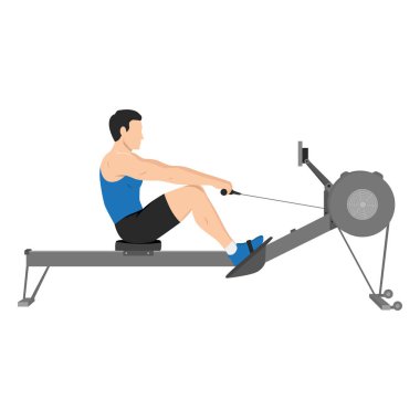 Adam kürek çekme makinesinde egzersiz yapıyor, tüm vücudunu ve gücünü kullanıyor. Düz vektör çizimi beyaz arkaplanda izole edildi