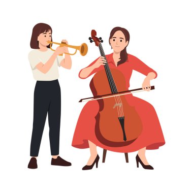Ayakta duran kadın trompet çalarken kırmızı elbiseli başka bir kadın çello çalıyor. Düz vektör çizimi beyaz arkaplanda izole edildi