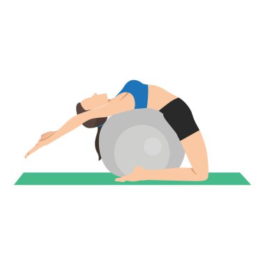 Pilates Köprüsü Egzersiz Topu Pozu Yapan Kadın. Dengeli bir top kullanarak geriye doğru esneme. Düz vektör çizimi beyaz arkaplanda izole edildi