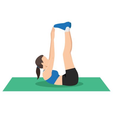 Toe Touch Crunches egzersizi. Umman yeşil bir paspasın üzerinde ayak parmaklarına dokunuyor. Düz vektör çizimi beyaz arkaplanda izole edildi