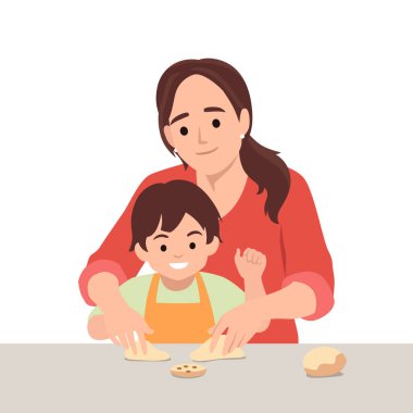 Anne çocuğunun hamuru hazırlamasına yardım eder, mutfakta neşeli bir bağ kurar. Düz vektör çizimi beyaz arkaplanda izole edildi