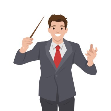 Takım elbiseli ve kırmızı kravatlı bir işadamı elinde bir değnekle güvenle sihir yapıyor. Düz vektör çizimi beyaz arkaplanda izole edildi