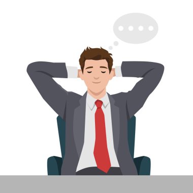 İş adamı elleri başının arkasında, gözleri kapalı ve yukarıda bir düşünce baloncuğu ile geriye yaslanıyor. Düz vektör çizimi beyaz arkaplanda izole edildi