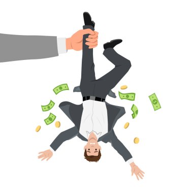 İşadamı bacağından baş aşağı tutuluyor ve cebinden para ve dolar dökülüyor. Düz vektör çizimi beyaz arkaplanda izole edildi